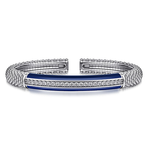 925 Sterling Silver Bujukan White Sapphire Bar Split Bangle Bracelet with Navy Blue Enamel