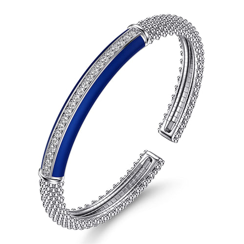 925 Sterling Silver Bujukan White Sapphire Bar Split Bangle Bracelet with Navy Blue Enamel