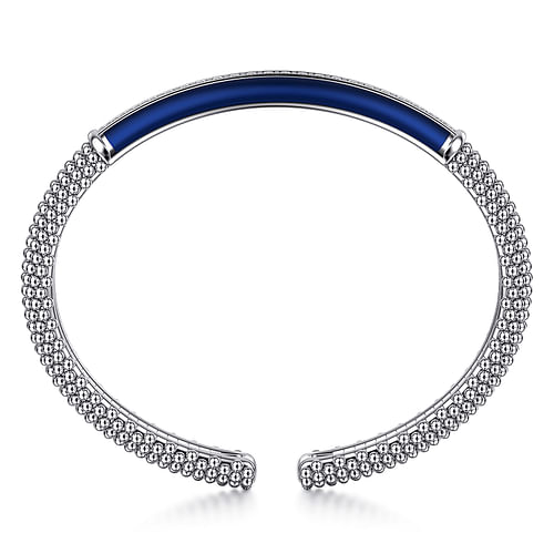 925 Sterling Silver Bujukan White Sapphire Bar Split Bangle Bracelet with Navy Blue Enamel