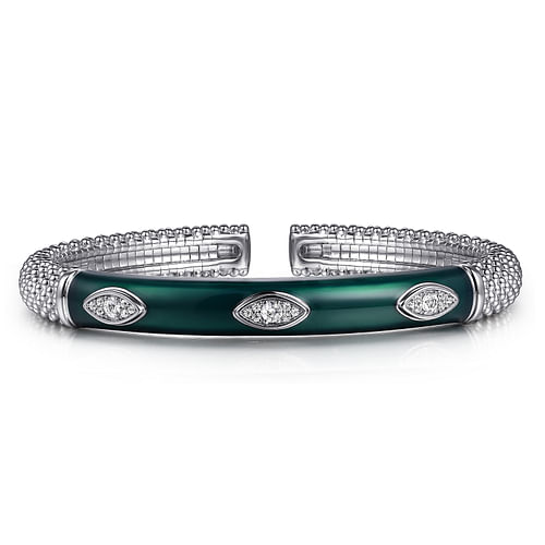 925 Sterling Silver Bujukan White Sapphire Split Bangle with Dark Green Enamel