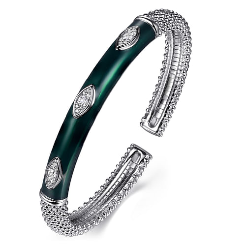 925 Sterling Silver Bujukan White Sapphire Split Bangle with Dark Green Enamel