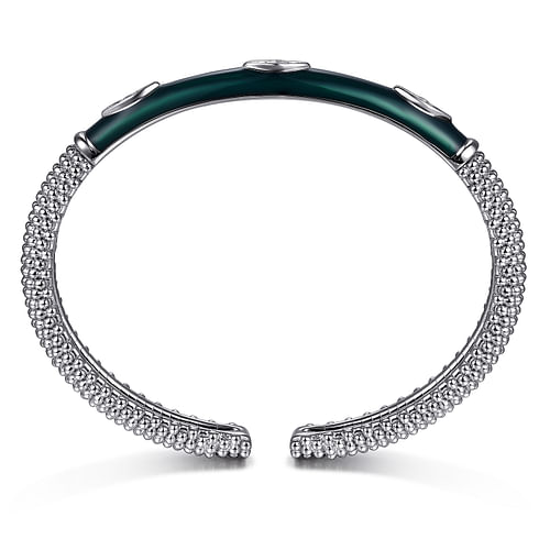 925 Sterling Silver Bujukan White Sapphire Split Bangle with Dark Green Enamel