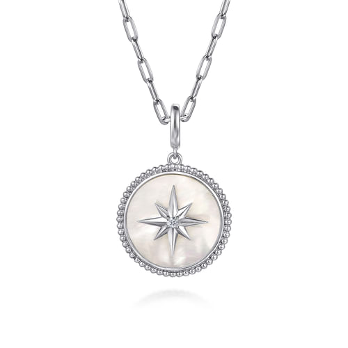 925 Sterling Silver Bujukan White Sapphire and Mother Of Pearl Round Starburst Medallion Pendant With Detachable Bail