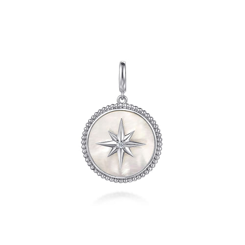 925 Sterling Silver Bujukan White Sapphire and Mother Of Pearl Round Starburst Medallion Pendant. 