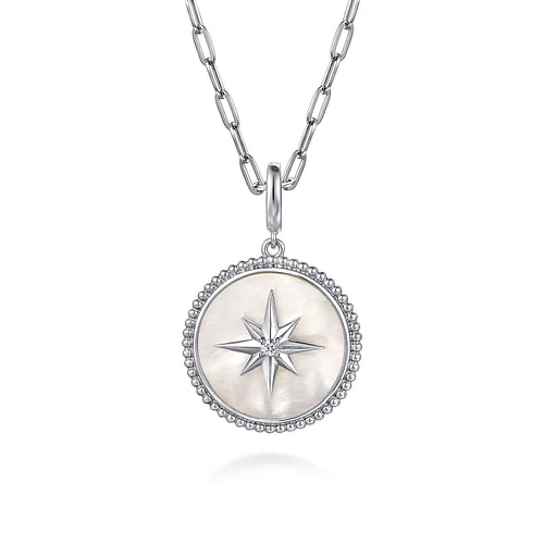 925 Sterling Silver Bujukan White Sapphire and Mother Of Pearl Round Starburst Medallion Pendant. 