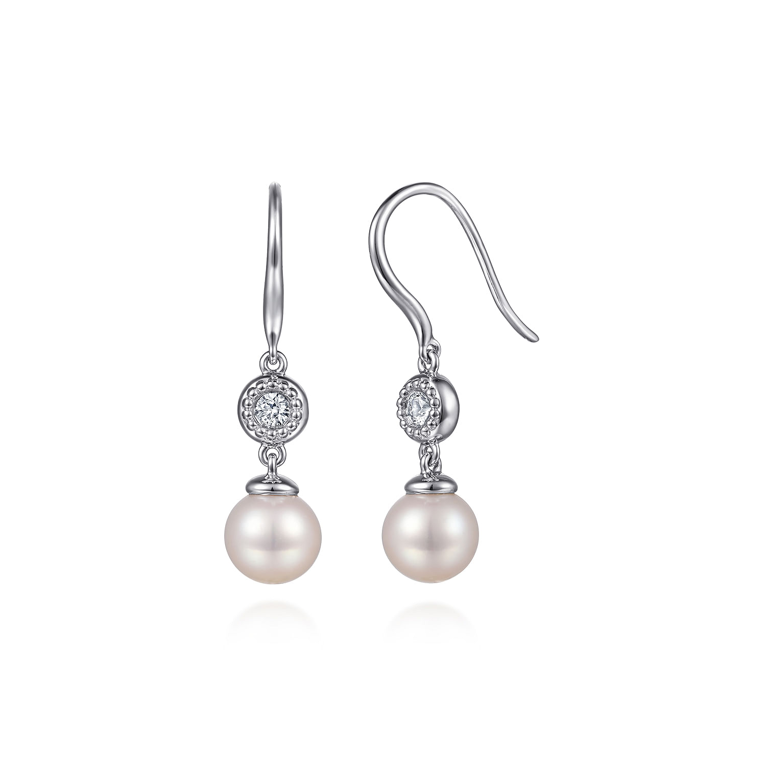 Gabriel - 925 Sterling Silver Bujukan White Sapphire and Pearl Fish Wire Drop Earrings