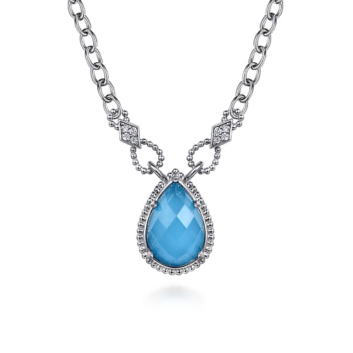 925 Sterling Silver Bujukan White Sapphire and Rock Crystal & Turquoise Doublet Teardrop Pendant Necklace