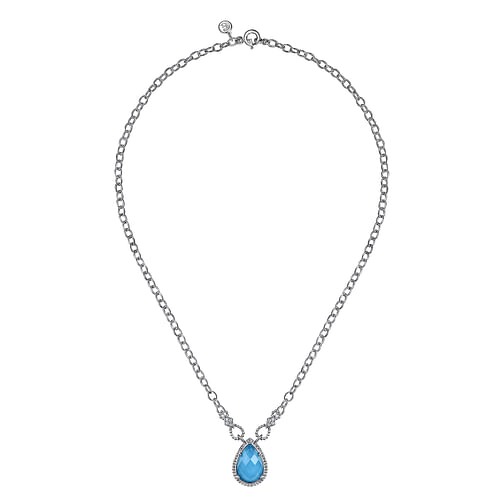 925 Sterling Silver Bujukan White Sapphire and Rock Crystal & Turquoise Doublet Teardrop Pendant Necklace