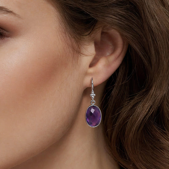 925 Sterling Silver Bujukan and Bezel Amethyst Drop Earrings angle 3