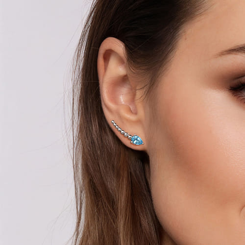 925 Sterling Silver Bujukan and Blue Topaz Ear Climber Earrings 925 Sterling Silver Bujukan and Blue Topaz Ear Climber Earrings