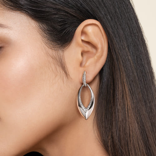 925 Sterling Silver Bujukan and White Sapphire Marquise Huggie Drop Earrings