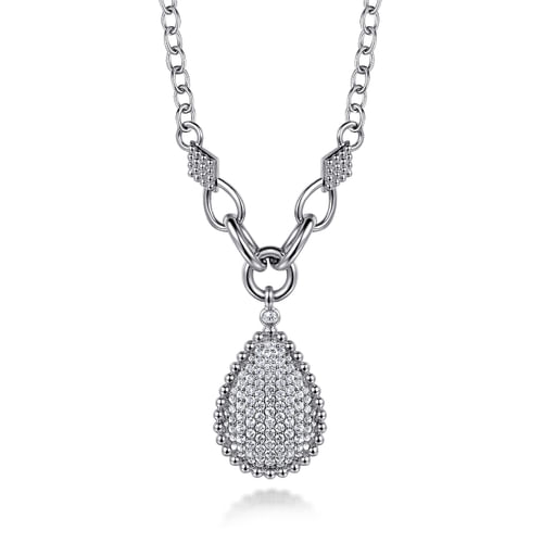 925 Sterling Silver Bujukan and White Sapphire Teardrop Pendant Necklace