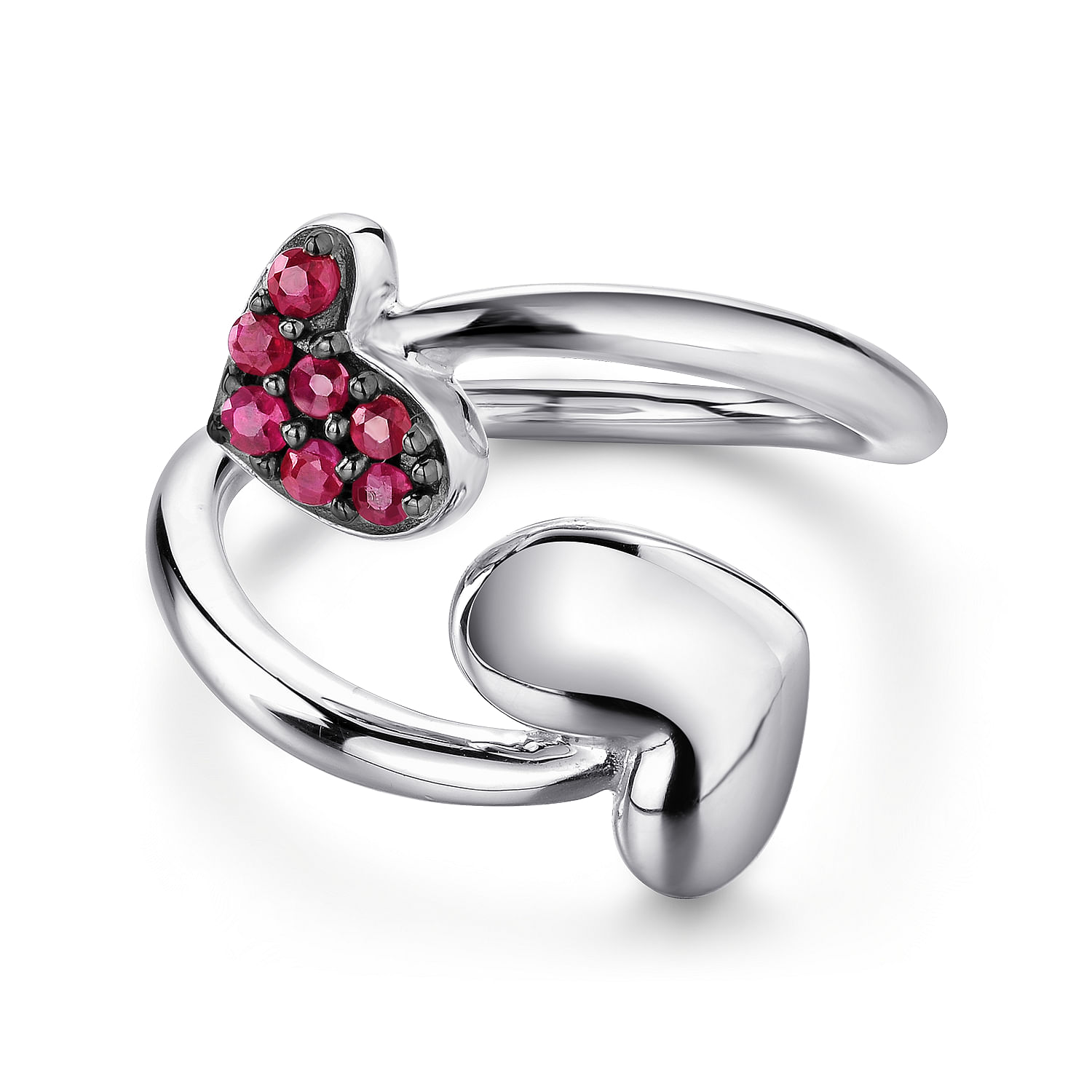 925 Sterling Silver Bypass Heart Ring with Ruby Stones