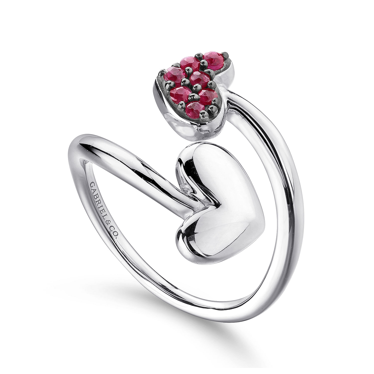 925 Sterling Silver Bypass Heart Ring with Ruby Stones