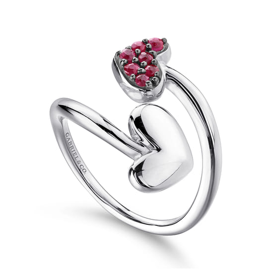 925 Sterling Silver Bypass Heart Ring with Ruby Stones angle 3