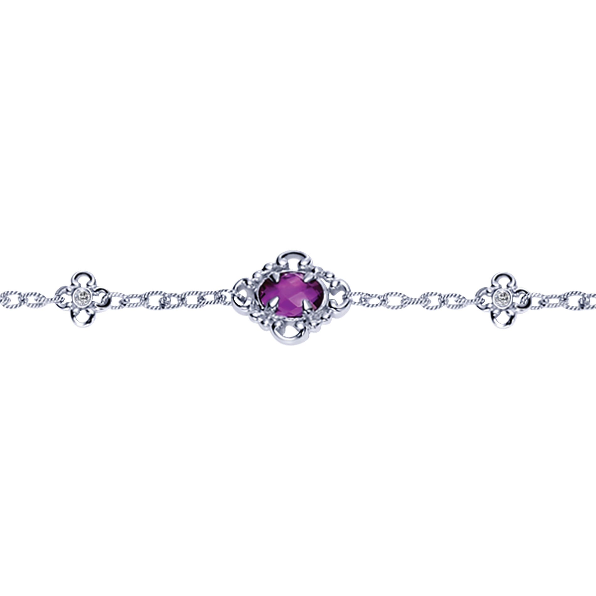 925 Sterling Silver Chain Bracelet with Filigree Amethyst Stations