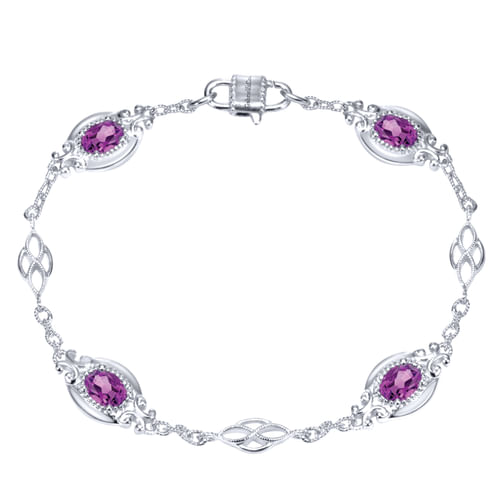 925 Sterling Silver Chain Bracelet with Oval Amethyst Stations