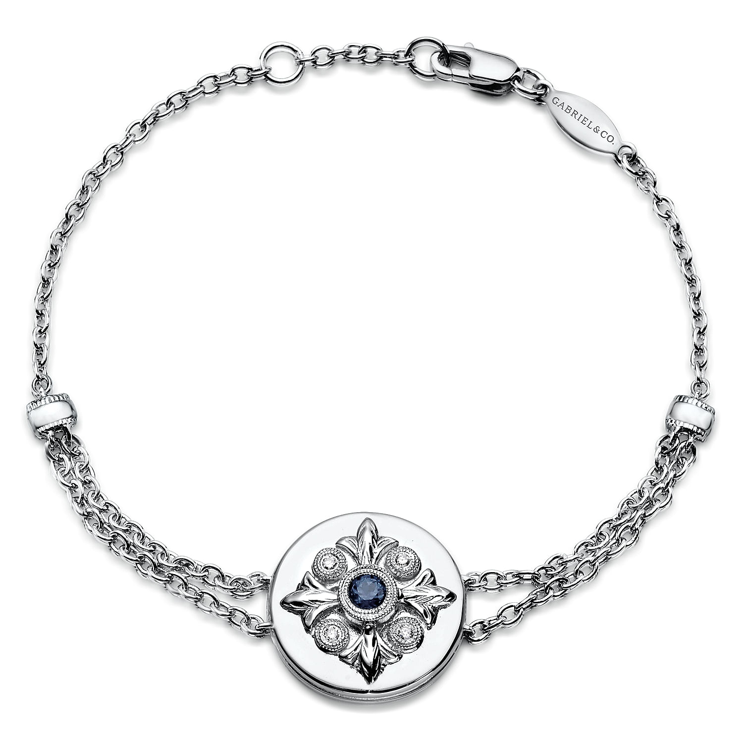 925 Sterling Silver Chain Bracelet with Round Sapphire Filigree Charm