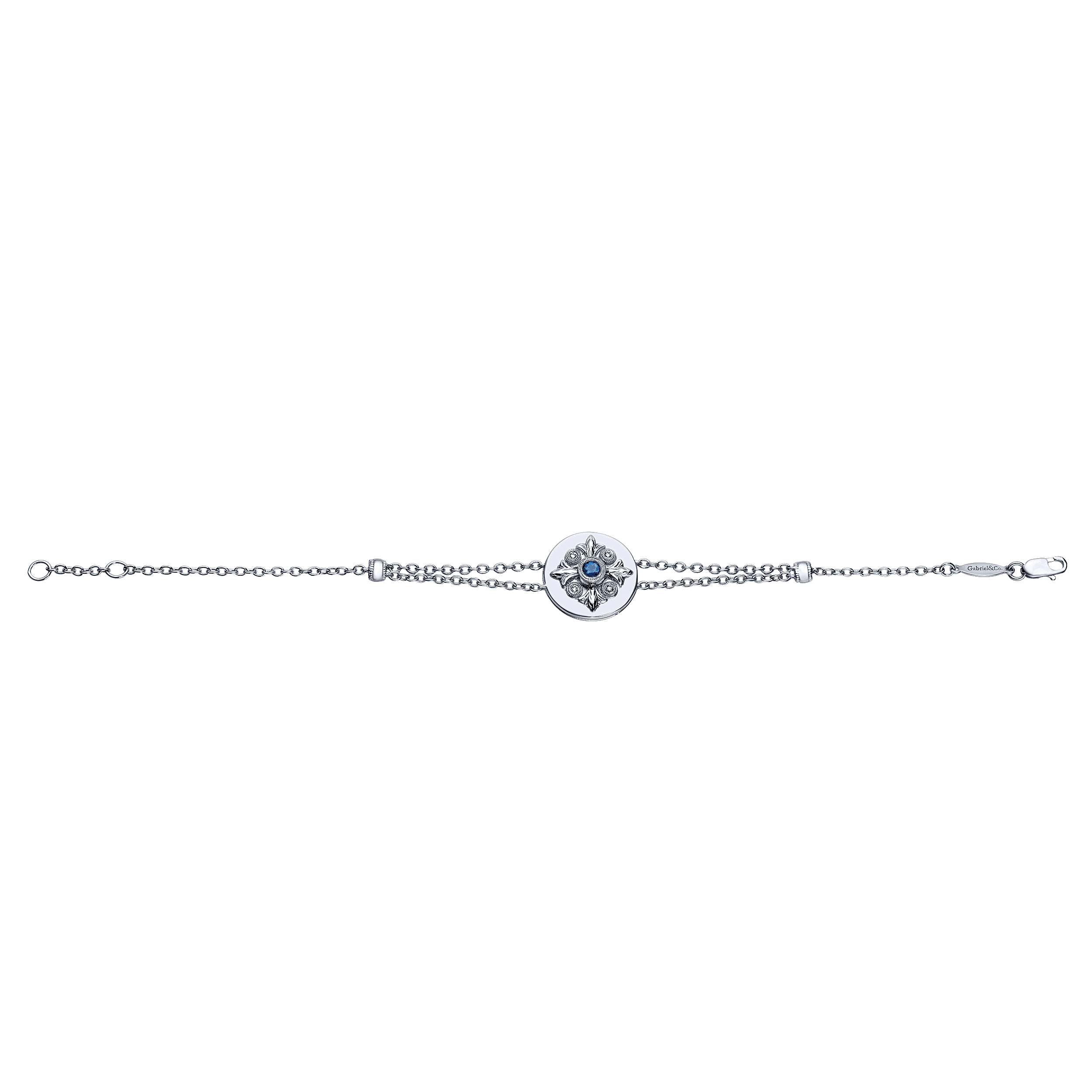 925 Sterling Silver Chain Bracelet with Round Sapphire Filigree Charm