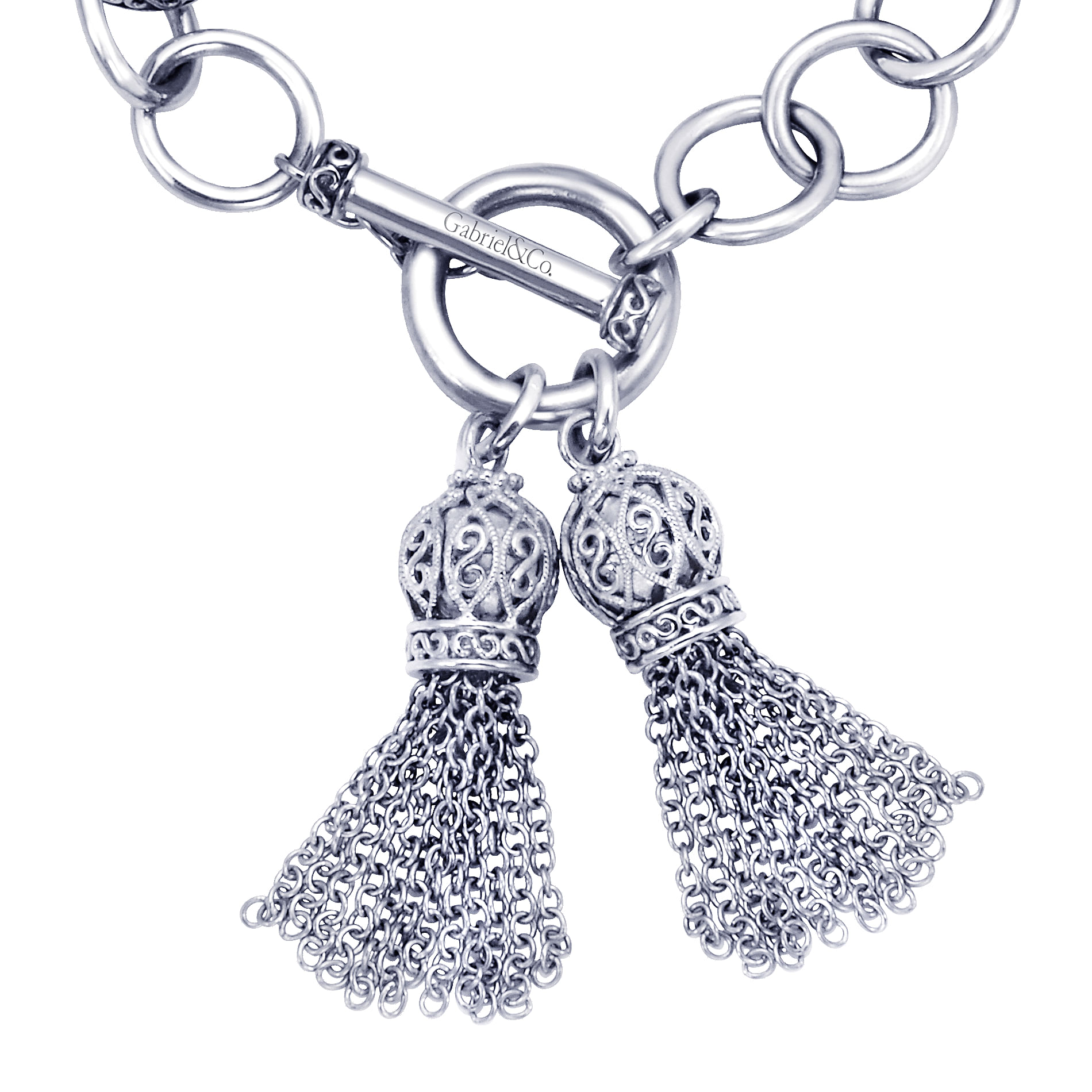 925 Sterling Silver Chain and Toggle Bracelet with Double Tassel Drop