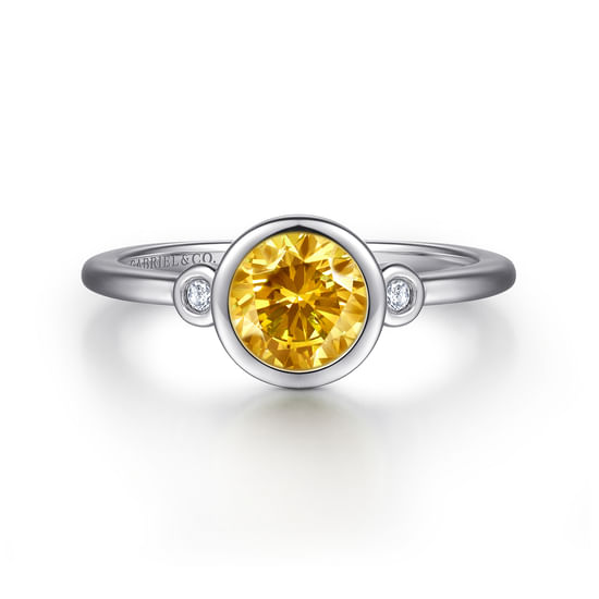 Gabriel - 925 Sterling Silver Citrine and Diamond Ring W/Bezel Set 