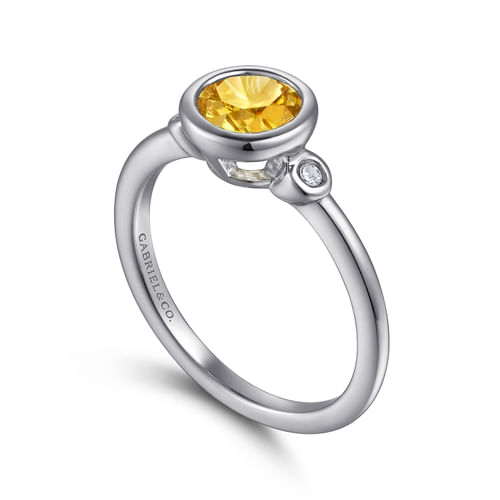 925 Sterling Silver Citrine and Diamond Ring W/Bezel Set 