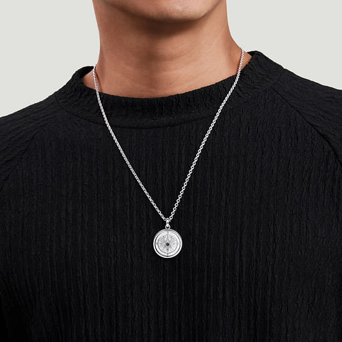 925 Sterling Silver Compass Pendant with Black Spinel Stone