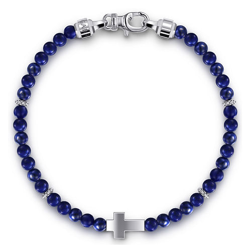 925 Sterling Silver Cross Bracelet with 4mm Lapis Beads