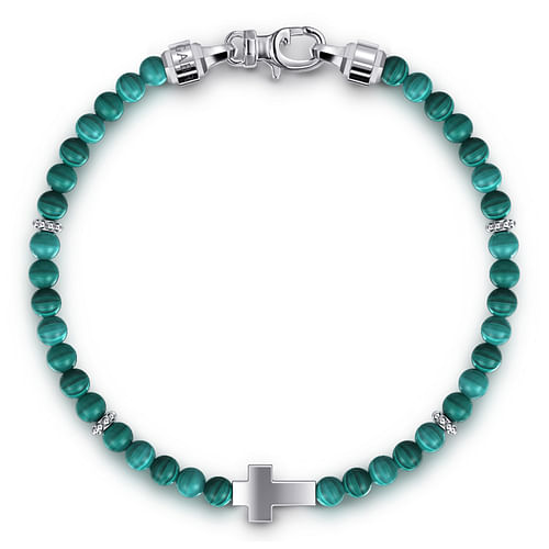 925 Sterling Silver Cross Bracelet with 4mm Malachite Beads