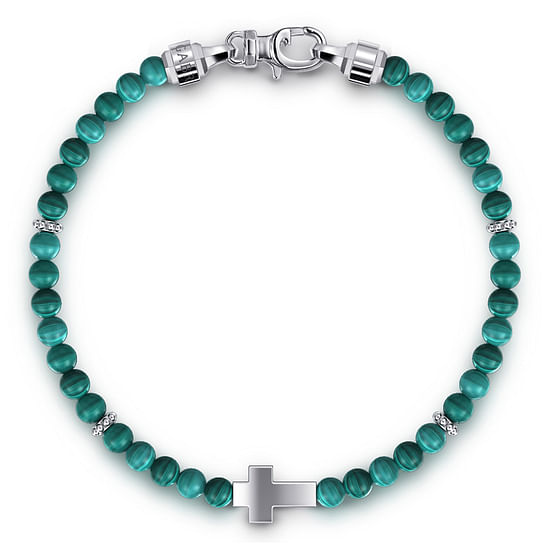 Gabriel - 925 Sterling Silver Cross Bracelet with 4mm Malachite Beads