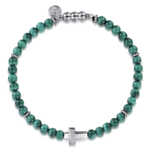 925 Sterling Silver Cross Bracelet with 4mm Malachite Beads