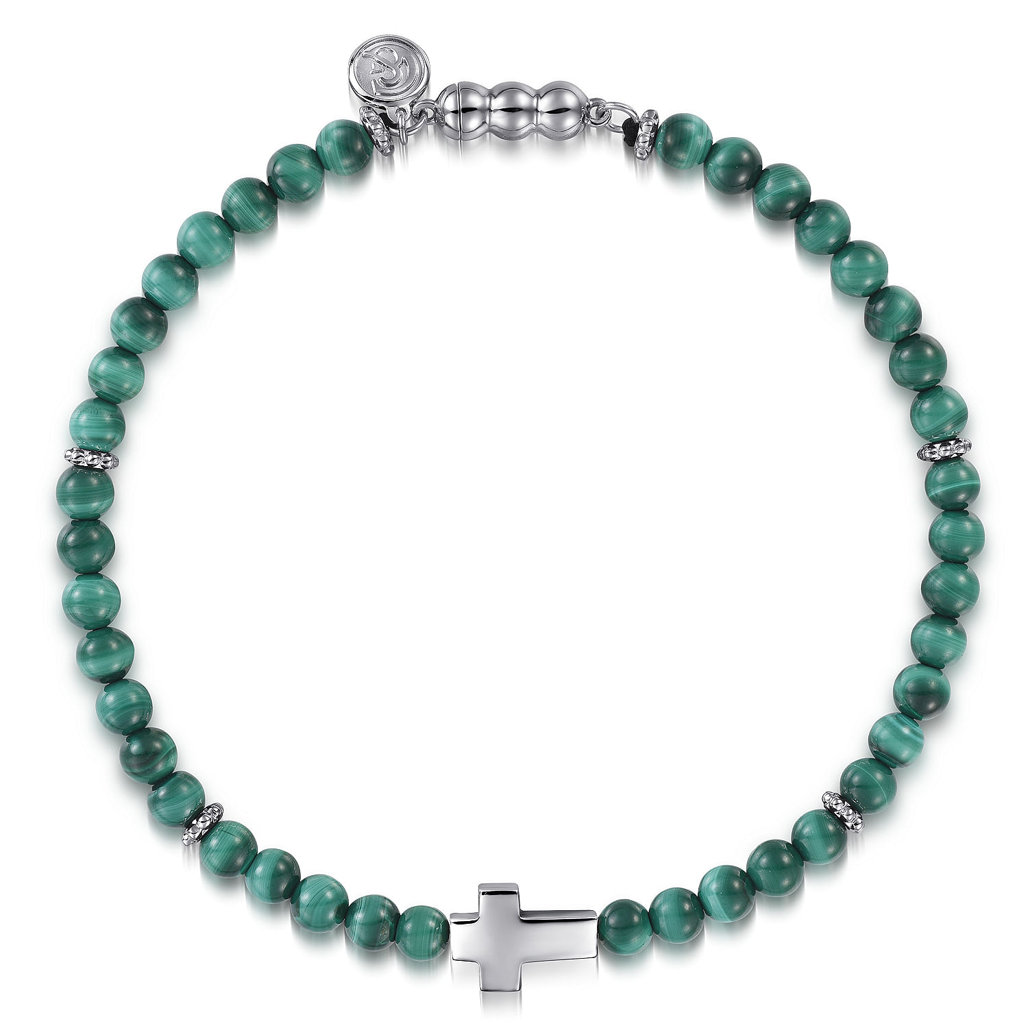 925 Sterling Silver Cross Bracelet with 4mm Malachite Beads