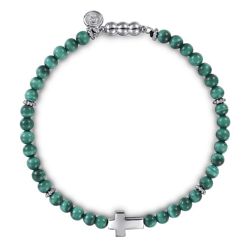 925 Sterling Silver Cross Bracelet with 4mm Malachite Beads