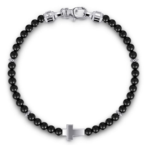 925 Sterling Silver Cross Bracelet with 4mm Onyx Beads