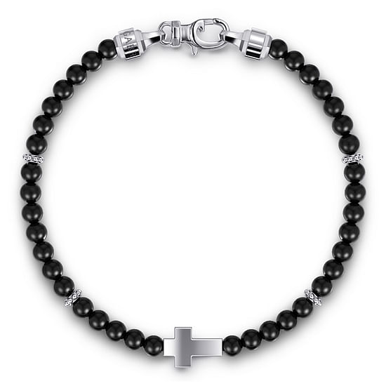 Gabriel - 925 Sterling Silver Cross Bracelet with 4mm Onyx Beads