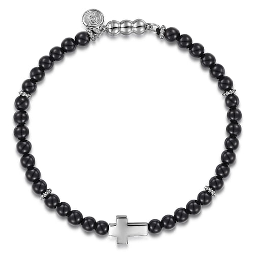 925 Sterling Silver Cross Bracelet with 4mm Onyx Beads