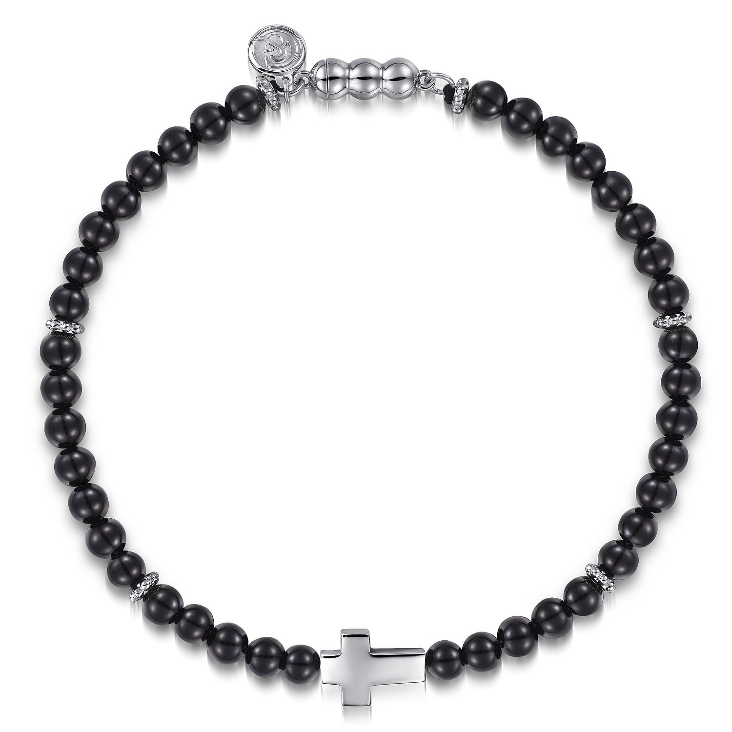 925 Sterling Silver Cross Bracelet with 4mm Onyx Beads