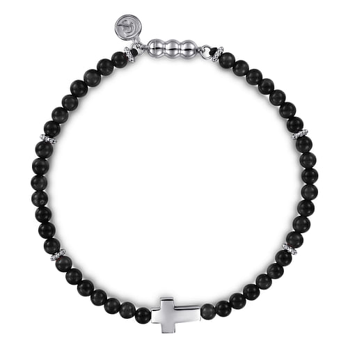 925 Sterling Silver Cross Bracelet with 4mm Onyx Beads