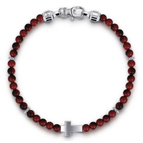 925 Sterling Silver Cross Bracelet with 4mm Tiger Eye Beads