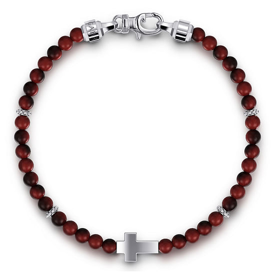 Gabriel - 925 Sterling Silver Cross Bracelet with 4mm Tiger Eye Beads