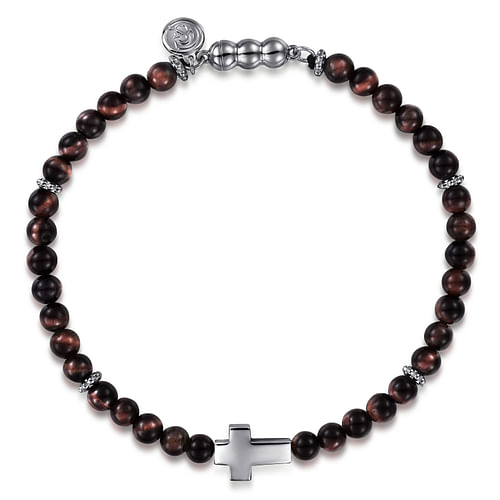 925 Sterling Silver Cross Bracelet with 4mm Tiger Eye Beads