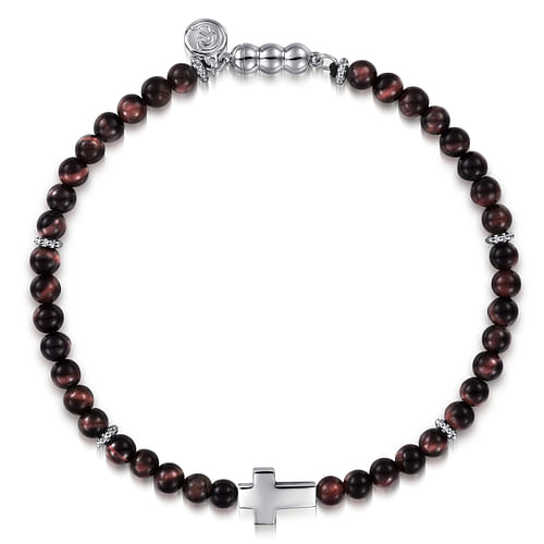 925 Sterling Silver Cross Bracelet with 4mm Tiger Eye Beads