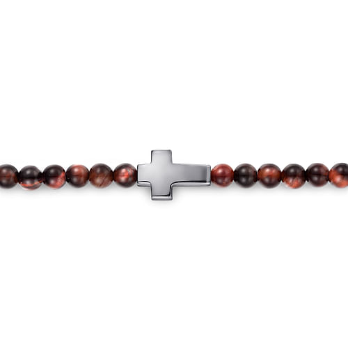 925 Sterling Silver Cross Bracelet with 4mm Tiger Eye Beads