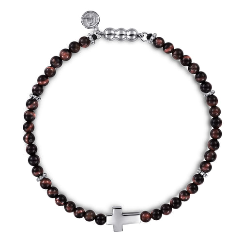 925 Sterling Silver Cross Bracelet with 4mm Tiger Eye Beads