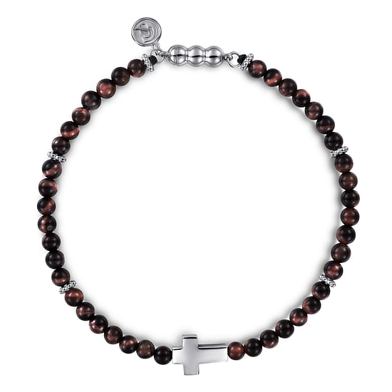 Gabriel - 925 Sterling Silver Cross Bracelet with 4mm Tiger Eye Beads