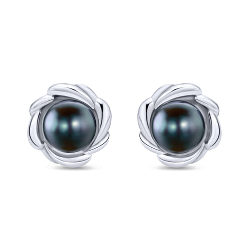 925 Sterling Silver Cultured Black Pearl Stud Earrings