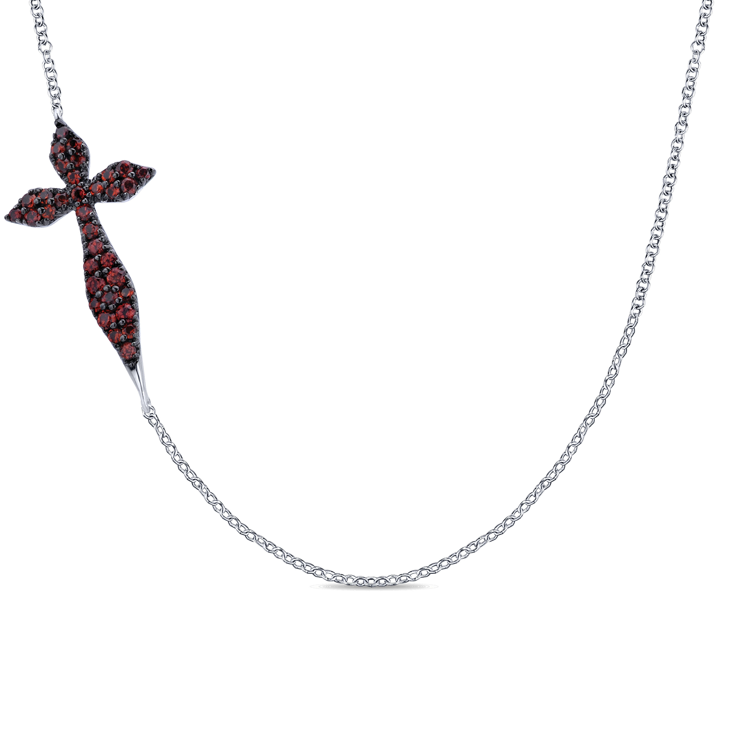 925 Sterling Silver Curving Sideways Garnet Cross Necklace
