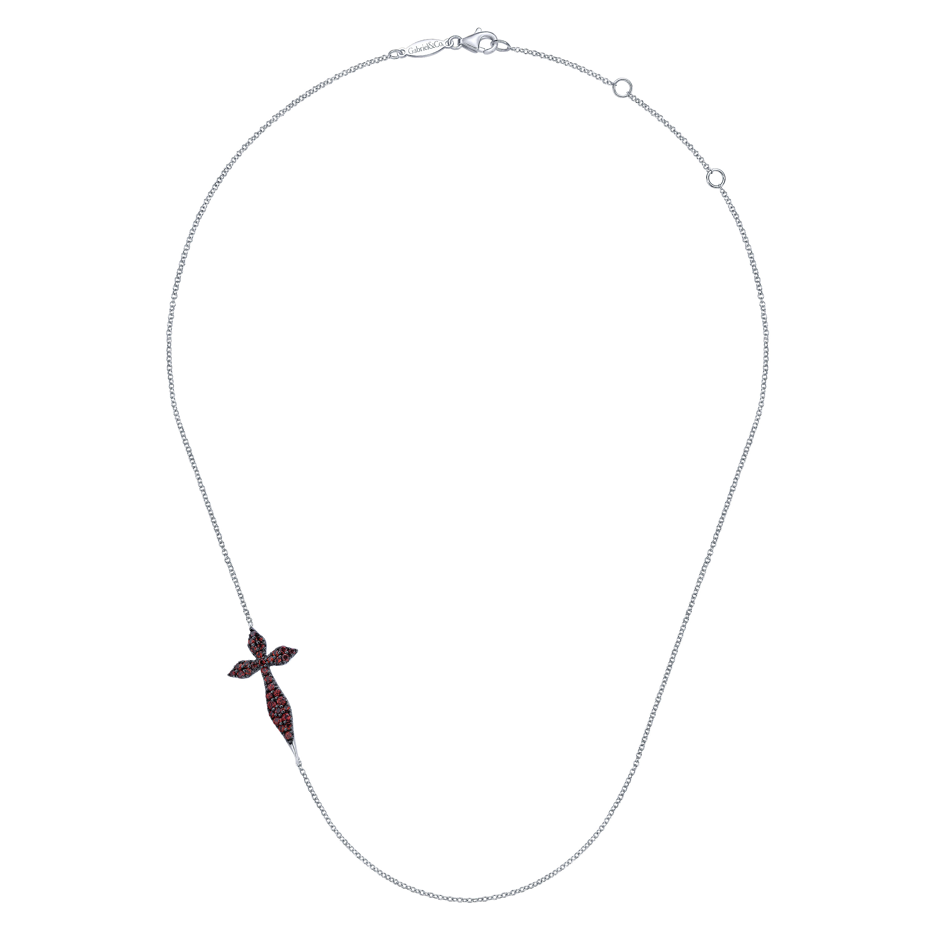 925 Sterling Silver Curving Sideways Garnet Cross Necklace
