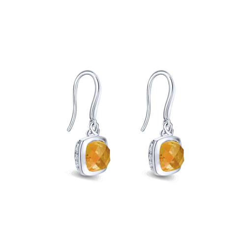 925 Sterling Silver Cushion Citrine Drop Earrings
