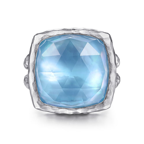 925 Sterling Silver Cushion Cut Rock Crystal/White MOP/Turquoise Ring